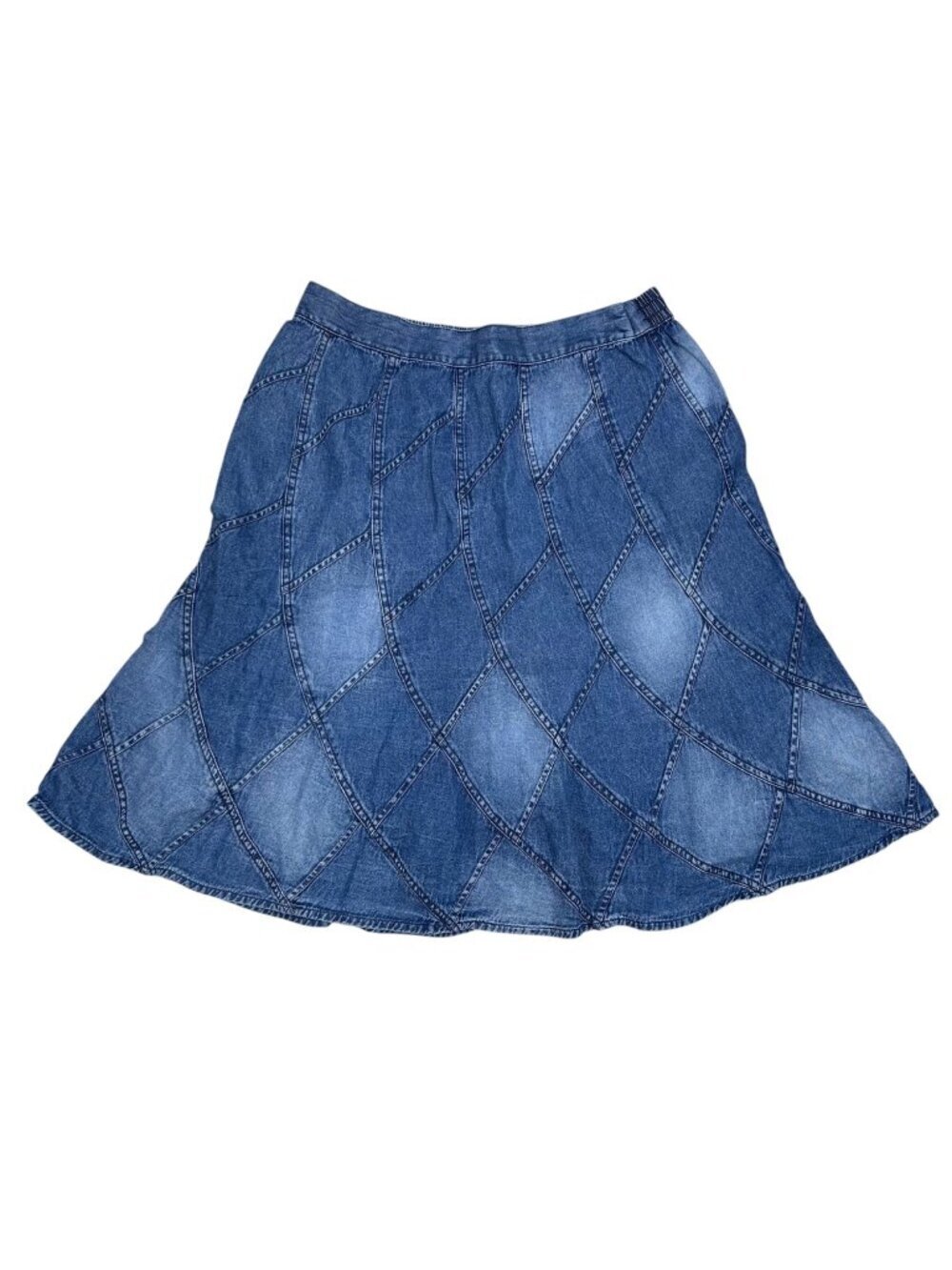 Studio West Cotton Large Denim A-Line Skirt Minimalist Neutral Cottage Patchwork